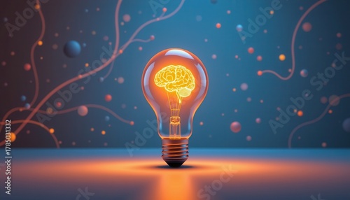 Light Bulb with Brain Design Symbolizing Ideas and Creativity Against a Colorful Abstract Background