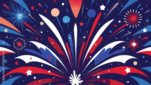 Colorful fireworks burst in a blue sky, featuring vibrant red and white explosions against a serene backdrop..eps