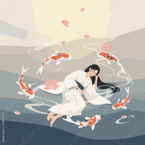 Ethereal Koi Fish Floating around Sleeping Woman, Isometric Vector