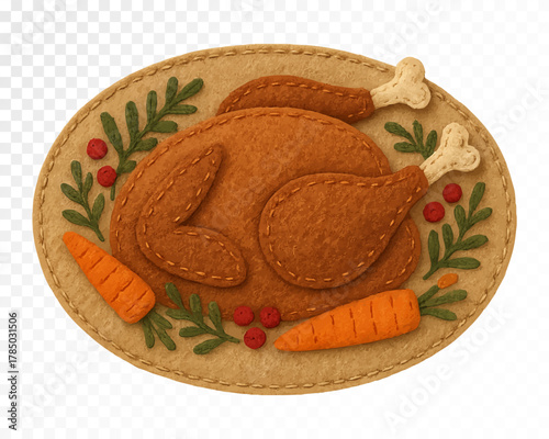 Felt Thanksgiving turkey with carrots and leaves. Handmade felt texture autumn illustration with stitched details. Cozy fall holiday decor design. Vector illustration.