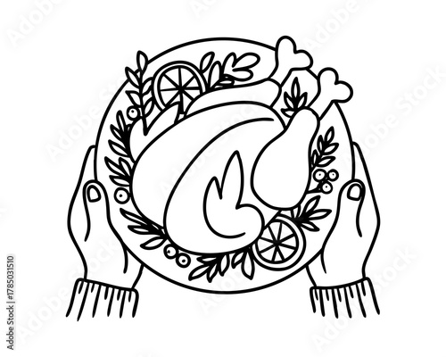 Thanksgiving turkey on plate with oranges and herbs in hands, black outline vector illustration in minimal line art style for holiday feast, autumn dinner or festive food design concept