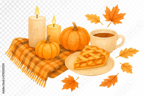Watercolor cozy fall scene with pumpkins, candles, tea cup, plaid blanket, pie slice, and autumn leaves. Warm Thanksgiving illustration for fall design and home decor. Vector illustration.