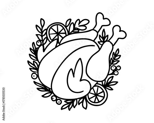Thanksgiving roasted turkey outline drawing with herbs and orange slices, black line vector illustration for holiday feast design, coloring page, kitchen decor or festive food concept
