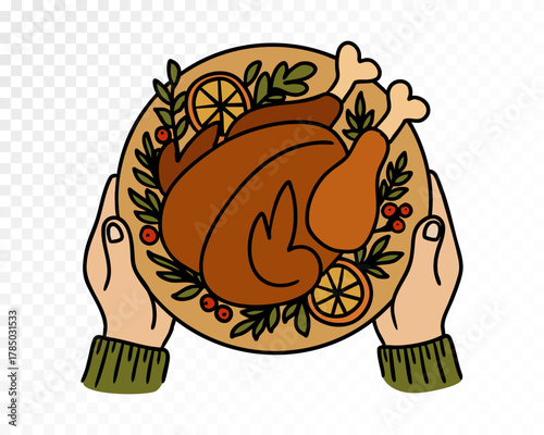 Thanksgiving roasted turkey on plate with orange slices and herbs in hands, festive vector illustration in cozy autumn style for holiday dinner, family feast or seasonal celebration design