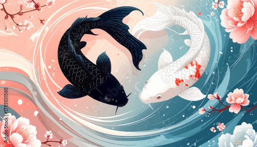 Black and white koi circling in petal waves. Koi turning in pastel floral harmony. Twin koi moving through blue-pink flow. Yin yang koi drifting among blossoms. Red koi pairing with dark twin in water