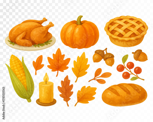 Watercolor Thanksgiving clipart set with turkey, pumpkin, pie, corn, bread, acorns, berries, candle, and autumn leaves. Cozy fall harvest illustration for holiday design. Vector illustration.