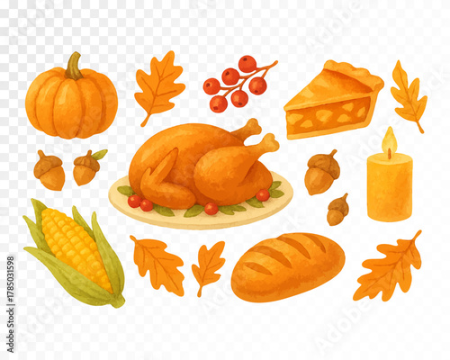 Watercolor Thanksgiving dinner set with roasted turkey, pumpkin, pie, corn, bread, candle, acorns, and autumn leaves. Cozy hand-painted harvest clipart for fall holiday design. Vector illustration.