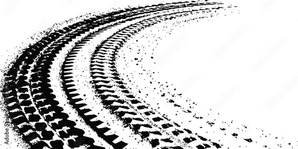 Fototapeta premium Black tire tracks isolated on white background. Black tire tracks on white, grunge texture, dirt splashes, vector background,