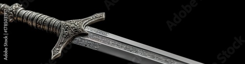 Silver sword hilt close up on black background symbolizing heroism