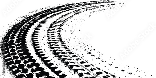 Black tire tracks isolated on white background. Black tire tracks on white, grunge texture, dirt splashes, vector background,