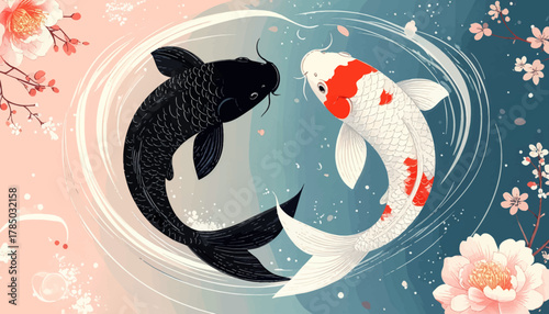 Yin yang koi swimming in floral swirl. Black and white koi circling in harmony. Twin koi dancing with soft blossoms. Balanced koi flow in pastel waves. Koi yin yang framed by cherry blooms