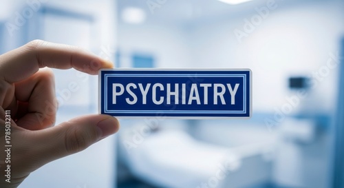 Psychiatry Emblem: A hand delicately holds a sign labeled Psychiatry, offering a glimpse into a serene, professional medical setting, signifying care and expertise.