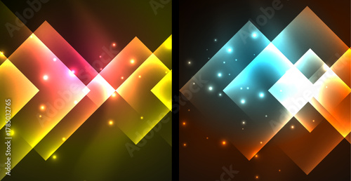 Bright geometric shapes overlap, creating vibrant light effects. Neon colors blend, forming abstract patterns. Sparkling particles enhance visual depth.