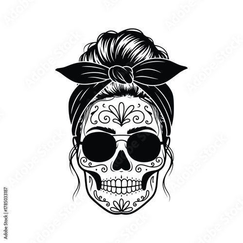 Sugar skull woman with messy bun and bandana day of the dead skull art