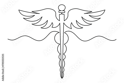Continuous one line drawing of caduceus icon minimalist medical