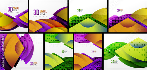 Colorful abstract backgrounds, vibrant swirls, dynamic shapes. Modern designs feature gradients, dots, layered elements.