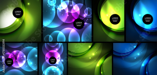 Abstract backgrounds feature vibrant circles, gradients. Designs include text placeholders, glowing effects, dynamic compositions.