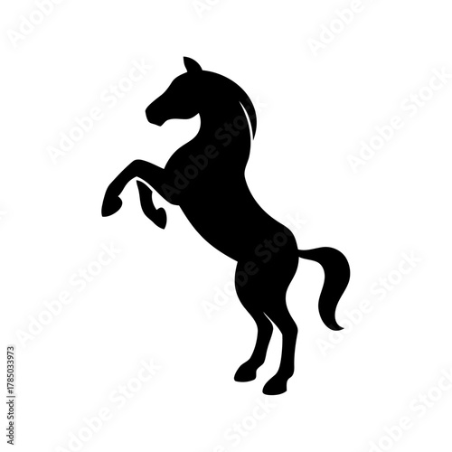 A striking black silhouette of a horse rearing up on its hind legs against a white background