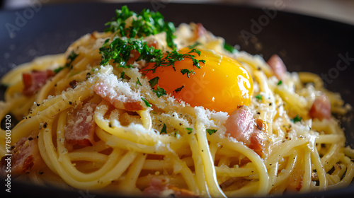 Italian spaghetti carbonara with fresh parsley egg yolk bacon and cheese served for National Spaghetti Day
