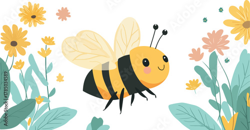 A cute cartoon bee flying to a yellow flower in nature, a perfect vector illustration for summer and honey themes