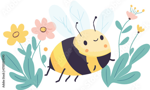 A cute cartoon yellow bee is flying toward a flower in this nature vector illustration