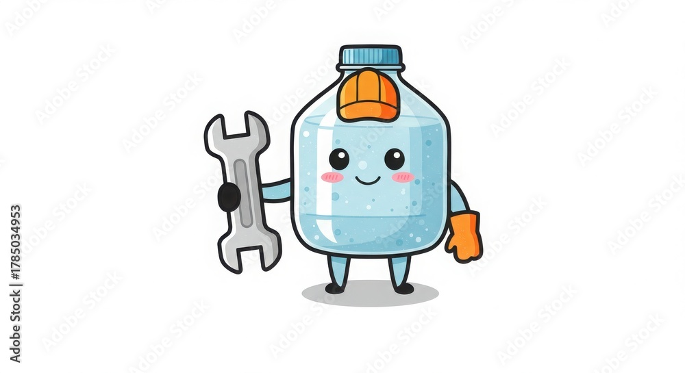 Fototapeta premium a cute round plastic bottle character mechanic holding wrench in watercolor illustration