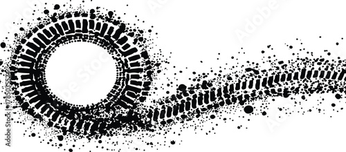 Black tire tracks isolated on white background. Black tire tracks on white, grunge texture, dirt splashes, vector background,