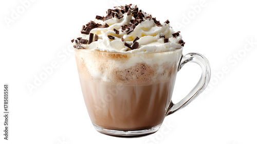 White mocha hot chocolate with espresso swirl, whipped cream, and chocolate curls, cozy and caffeinated, isolated on white background