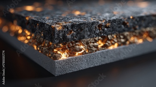 Burning asphalt layer cross section showing flammability concept