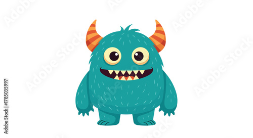 A cute fuzzy blue monster with big eyes and orange striped horns smiles widely showing its teeth.