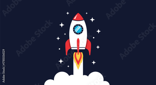 A stylized cartoon rocket launching into the dark night sky with stars and smoke billowing out.