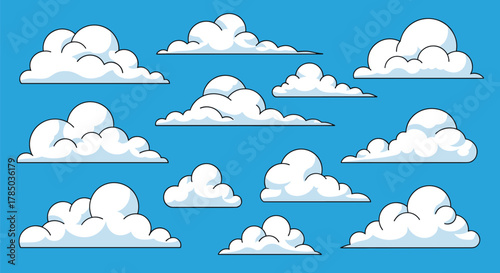 A collection of fluffy white clouds depicted in a pixel art style against a clear blue sky.
