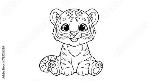 A charming line art illustration of a baby tiger sitting and looking directly at the viewer with wide eyes.