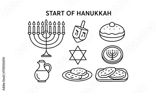 Hanukkah symbols and treats outline illustration