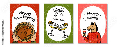 Thanksgiving and holiday greeting cards set with turkey, champagne glasses and horse character, festive vector illustration for seasonal celebration, winter decor and New Year design