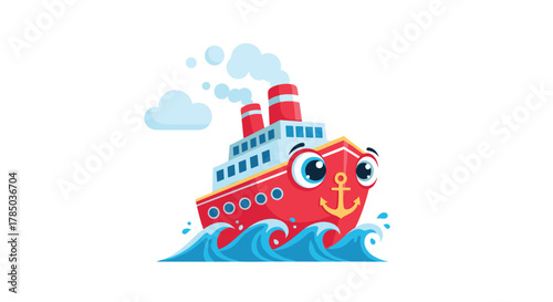 A happy red steamship sails on the ocean waves with fluffy clouds in the sky.