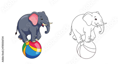 A cute circus elephant balances on a colorful ball for a fun drawing activity.