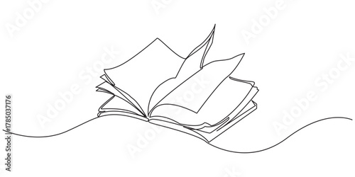 One line drawing of opened book isolated on white background.One continuous line drawing of Opened book with pen. Education in school and library studying in simple linear style. Writing draft 