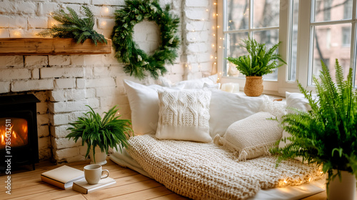 Cozy winter retreat with fireplace, soft cushions, and lush ferns for a relaxing holiday season, perfect for creating a warm and inviting home ambiance