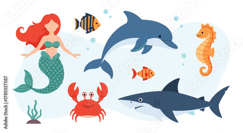 An underwater scene featuring a mermaid a dolphin a shark a seahorse a crab and various fish.