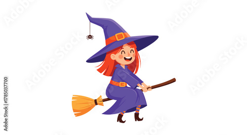 A joyful young witch in a purple costume happily rides her broomstick through the night sky.