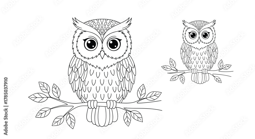 Fototapeta premium Detailed illustration of two owls perched on a branch with leaves in a whimsical style.