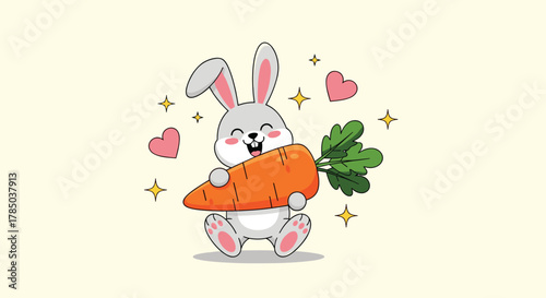 A cute bunny rabbit joyfully hugs a big carrot with hearts and sparkles around it.