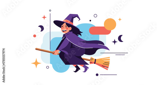A cheerful cartoon witch flies on her broomstick through the night sky with playful decorations.