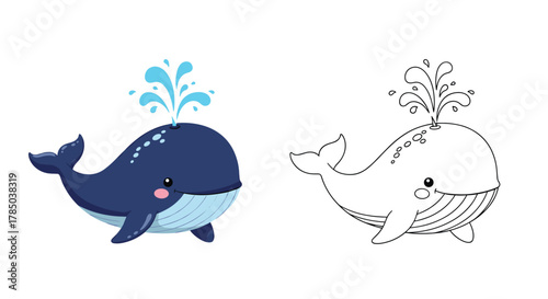 Adorable blue whale spouting water and outline for coloring