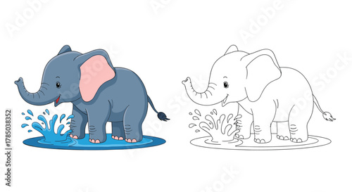 Cute cartoon baby elephant standing in water with splashes and a sketch of a woolly mammoth.