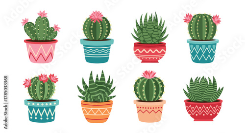 A delightful collection of pixel art potted succulents and cacti featuring vibrant floral blooms and decorative planters.