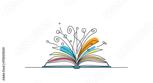 The open book reveals a universe of knowledge and imagination with colorful illustrations and abstract designs.