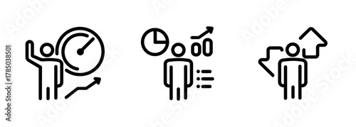 Personal analytics and self improvement employee review concepts representing time management performance tracking and skill development black outline icons