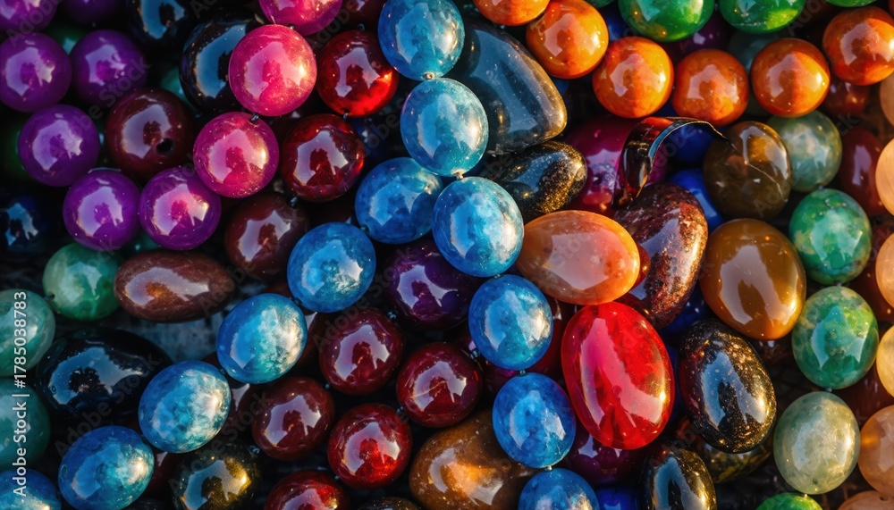 Fototapeta premium Vibrant Polished Stones Texture. Glossy Multicolor Pebbles Background. Abstract Bright Surface Pattern.